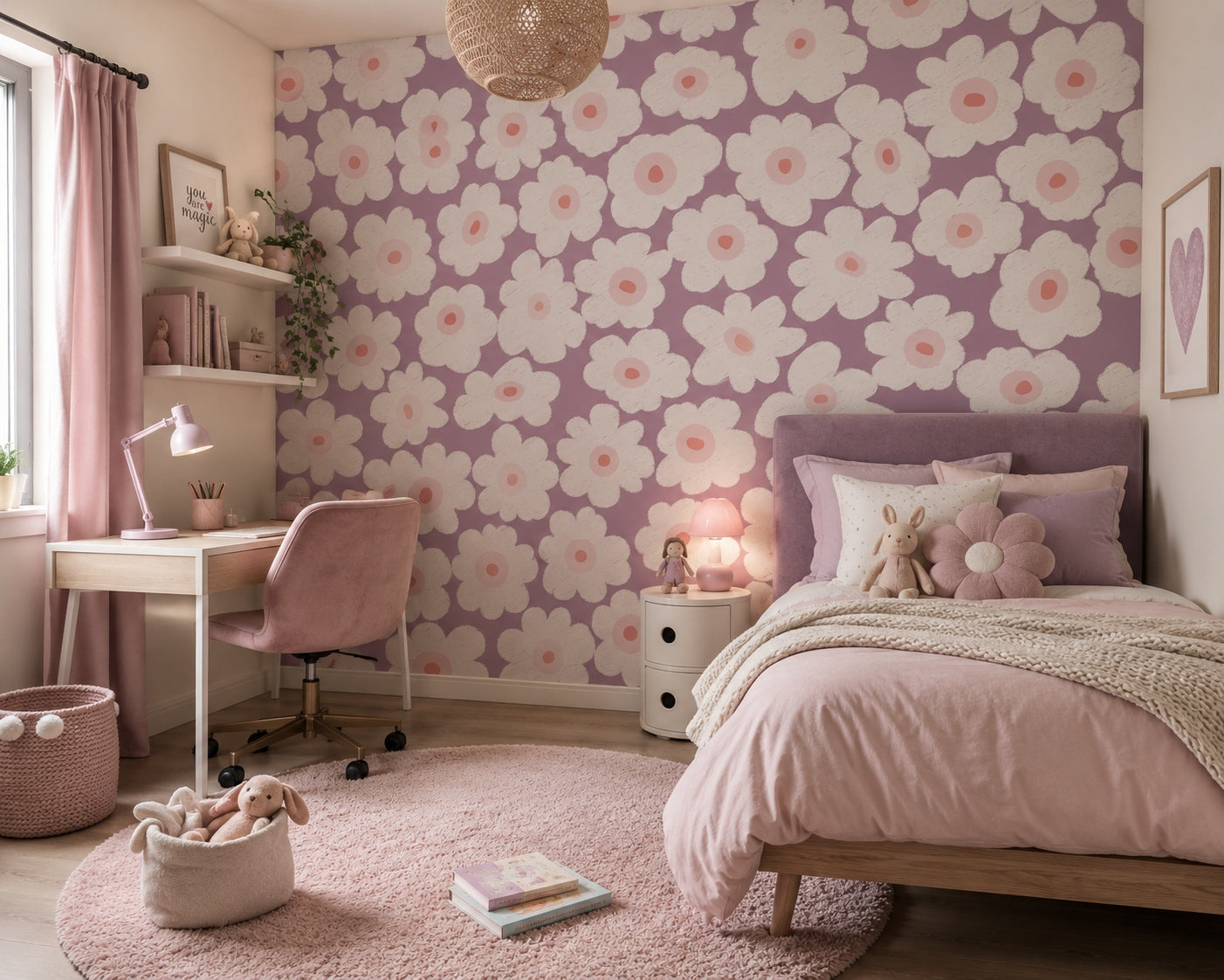 Bloemen behang oor meisjeskamer bloemen fotobehang kinderkamer mauve