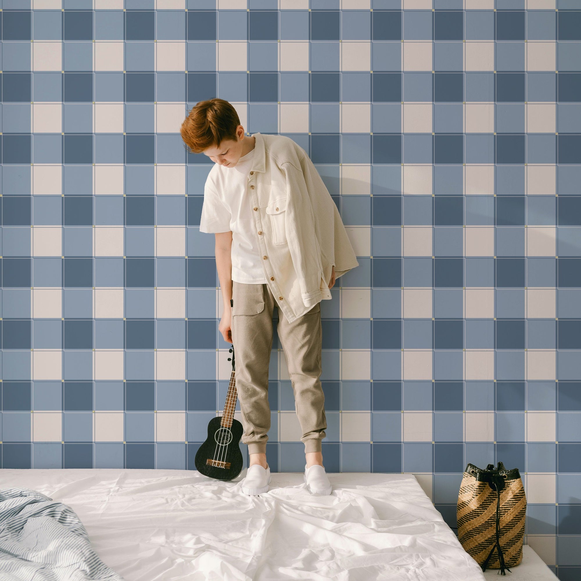 Blokken behang stoere kinderkamer jongenskamer tienerkamer donkerblauw