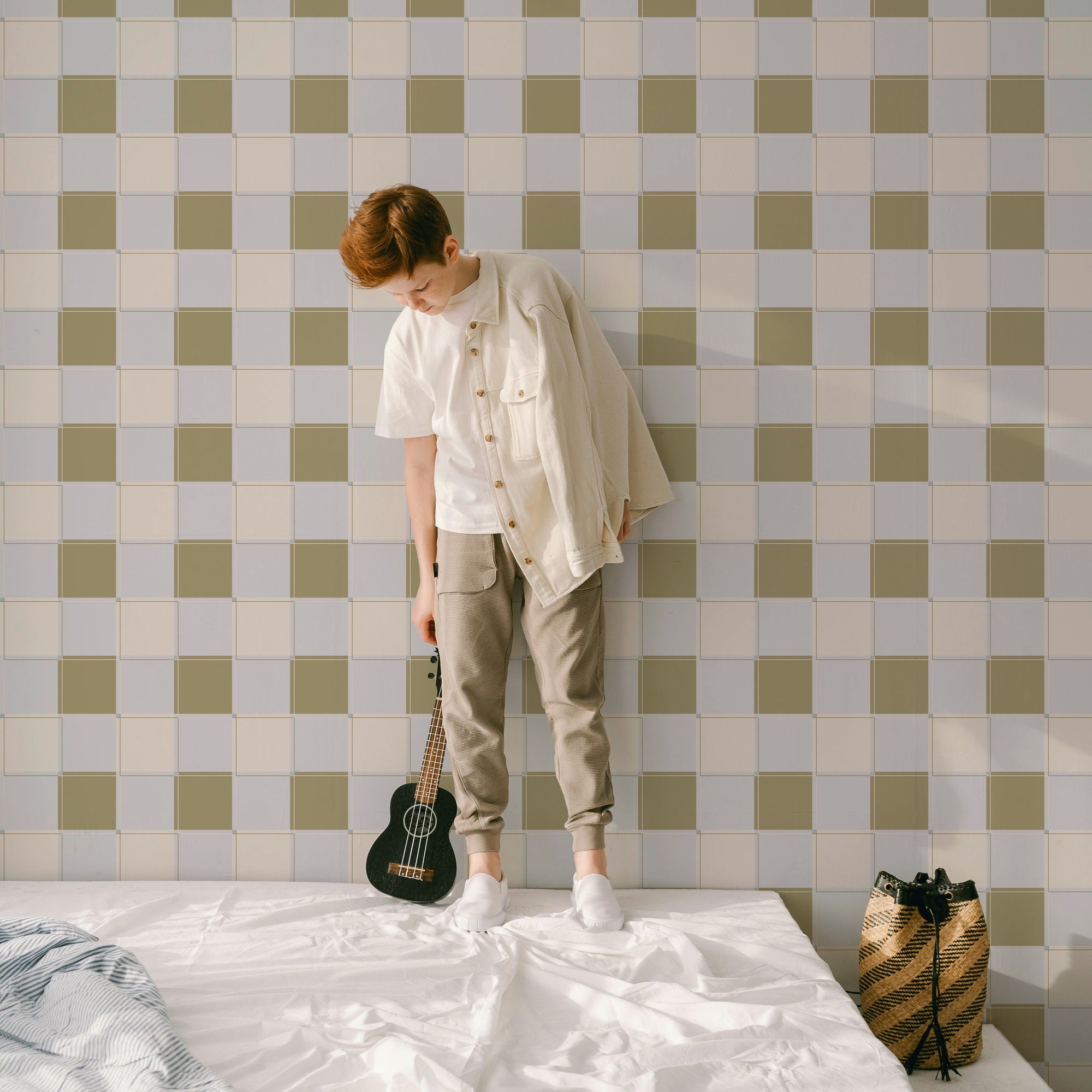 Blokken behang jongenskamer kinderkamer tienerkamer blauw groen creme 