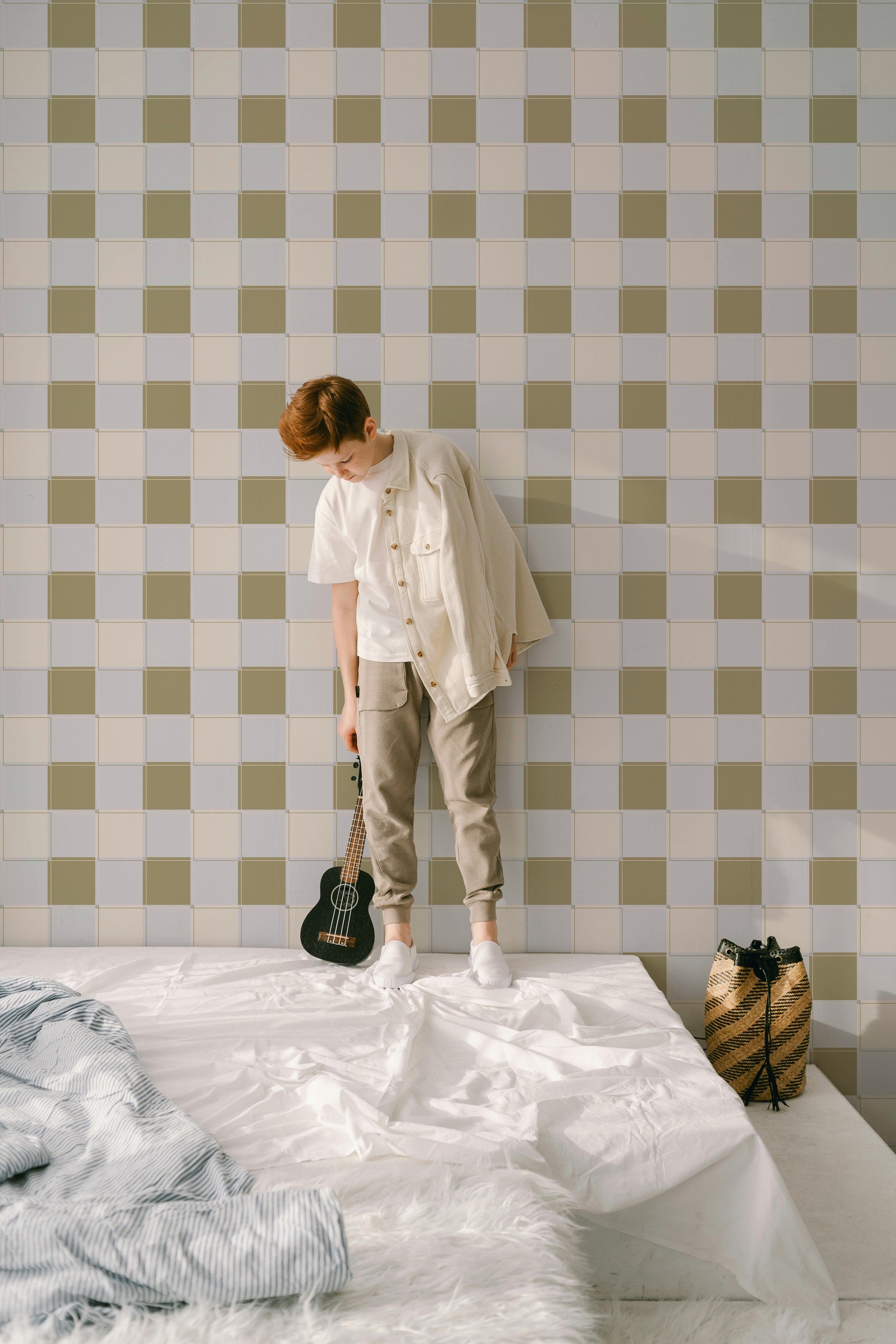 Blokken behang jongenskamer kinderkamer tienerkamer blauw groen creme 