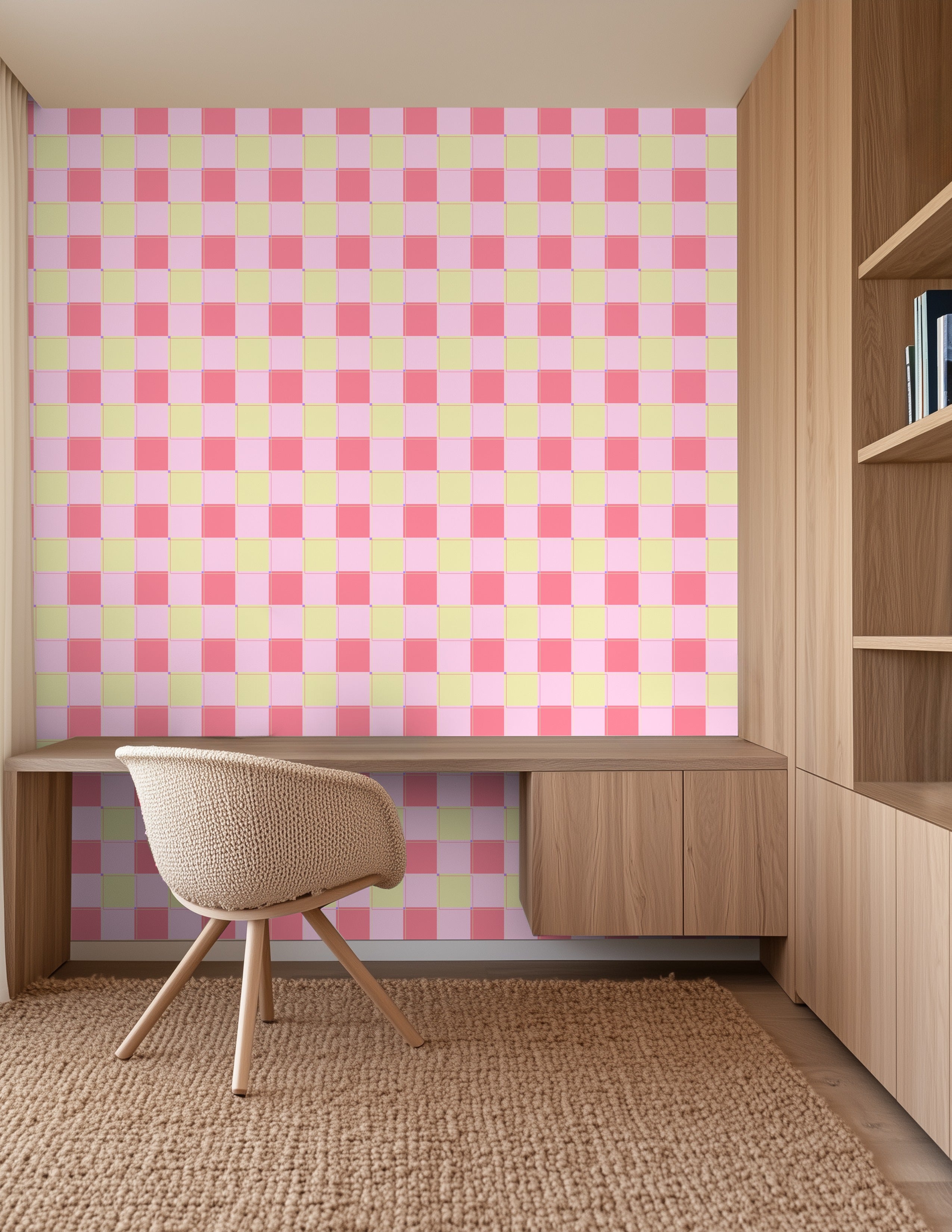 Blokken behang kinderkamer meisjeskamer roze geel tienerkamer