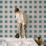 Blokken behang stoere kinderkamer jongenskamer tienerkamer teal blauw groen
