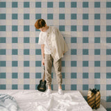 Blokken behang stoere kinderkamer jongenskamer tienerkamer teal blauw groen