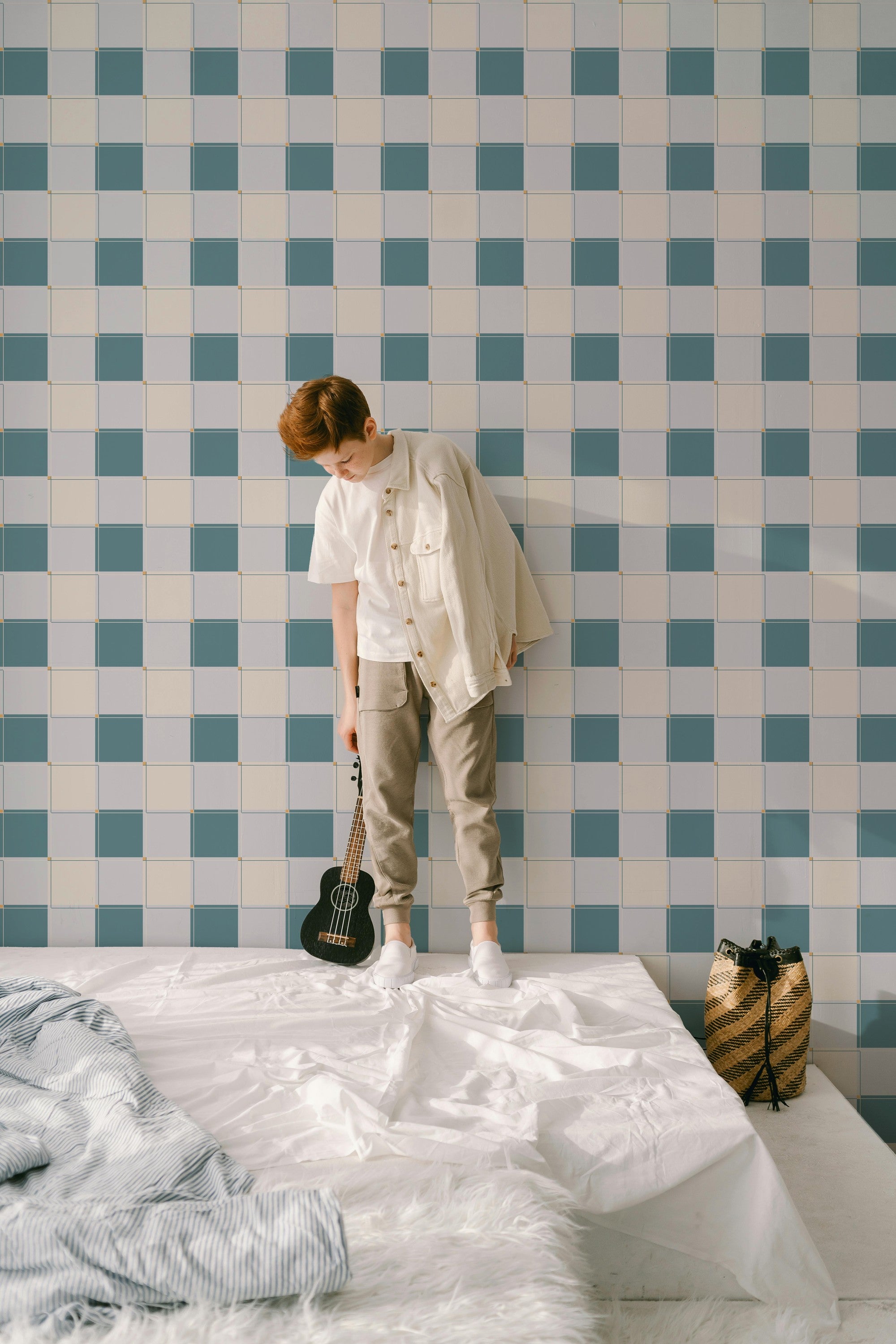 Blokken behang stoere kinderkamer jongenskamer tienerkamer teal blauw groen