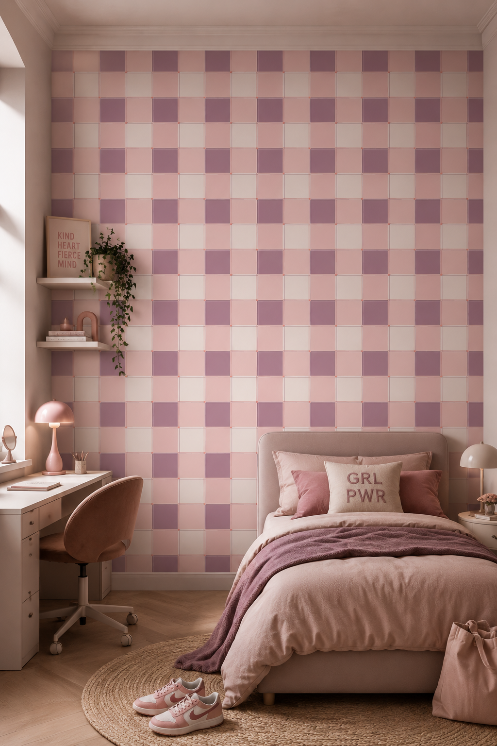 Blokken behang kinderkamer meisjeskamer roze mauve tienerkamer