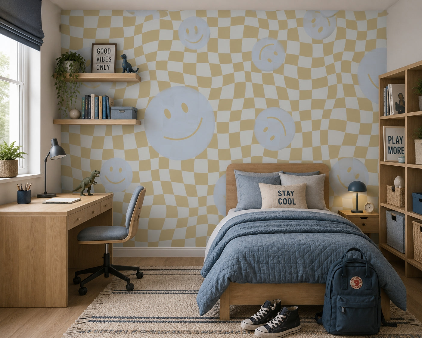 Smiley behang fotobehang kinderkamer tienerkamer jongenskamer blauw groen geblokt