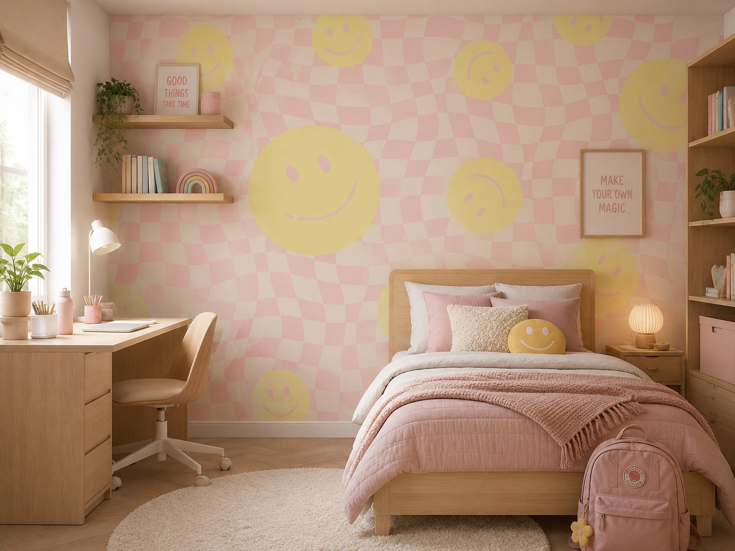 Smiley behang fotobehang kinderkamer tienerkamer meisjeskamer roze geel geblokt