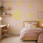 Smiley behang fotobehang kinderkamer tienerkamer meisjeskamer roze geel geblokt