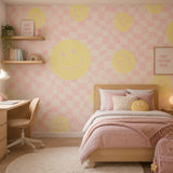Smiley behang fotobehang kinderkamer tienerkamer meisjeskamer roze geel geblokt