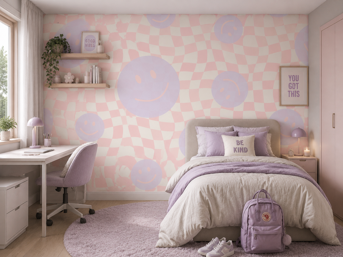 Smiley behang fotobehang kinderkamer tienerkamer meisjeskamer roze lila geblokt