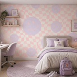 Smiley behang fotobehang kinderkamer tienerkamer meisjeskamer roze lila geblokt