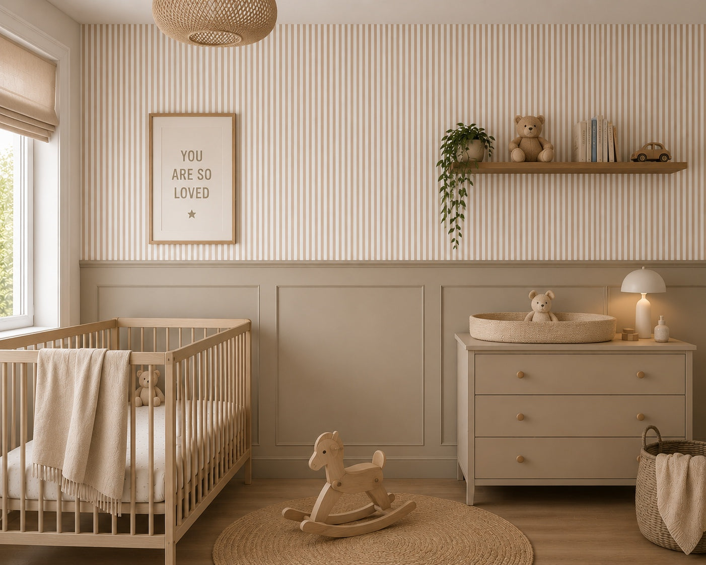 Strepen behang voor de kinderkamer warm beige smal tienerkamer jongenskamer babykamer neutrale kinderkamer