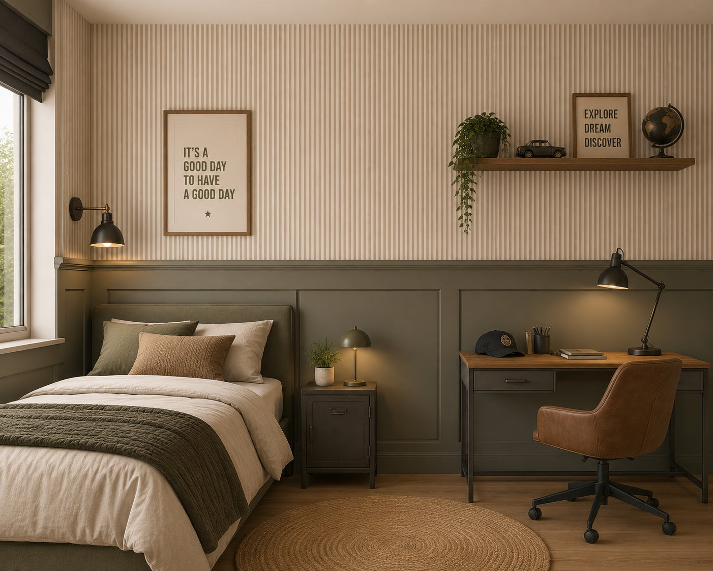 Strepen behang voor de kinderkamer warm beige smal tienerkamer jongenskamer babykamer neutrale kinderkamer