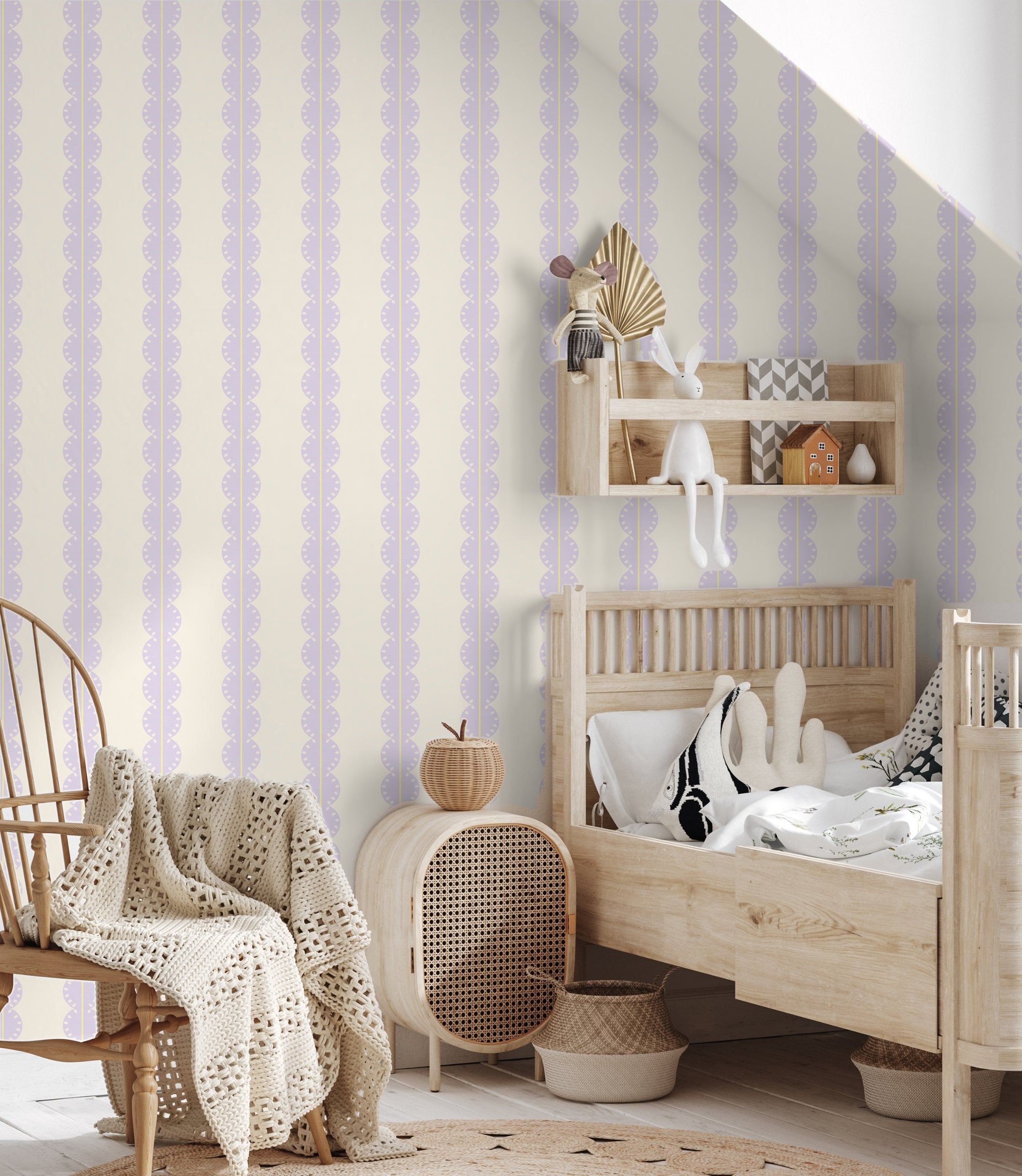 Gestreept behang met boogjes voor meisjeskamer of babykamer lila met geel papr walls bubble dot lila geel