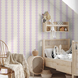 Gestreept behang met boogjes voor meisjeskamer of babykamer lila met koraal roze papr walls bubble dot lila koraal