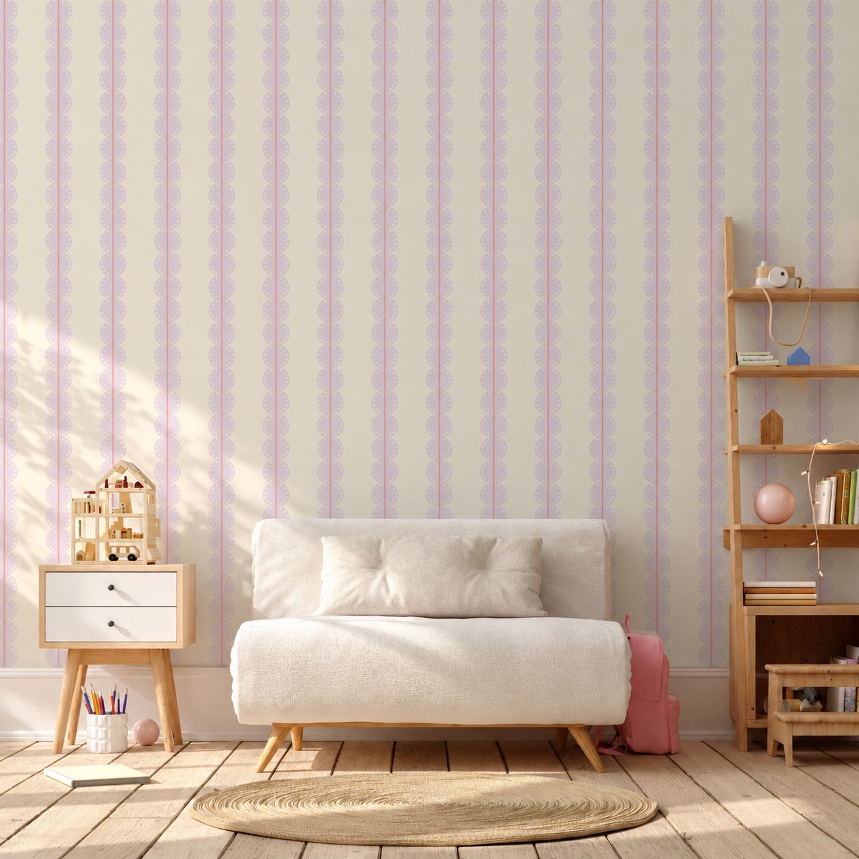 Gestreept behang met boogjes voor meisjeskamer of babykamer lila met koraal roze papr walls bubble dot lila koraal