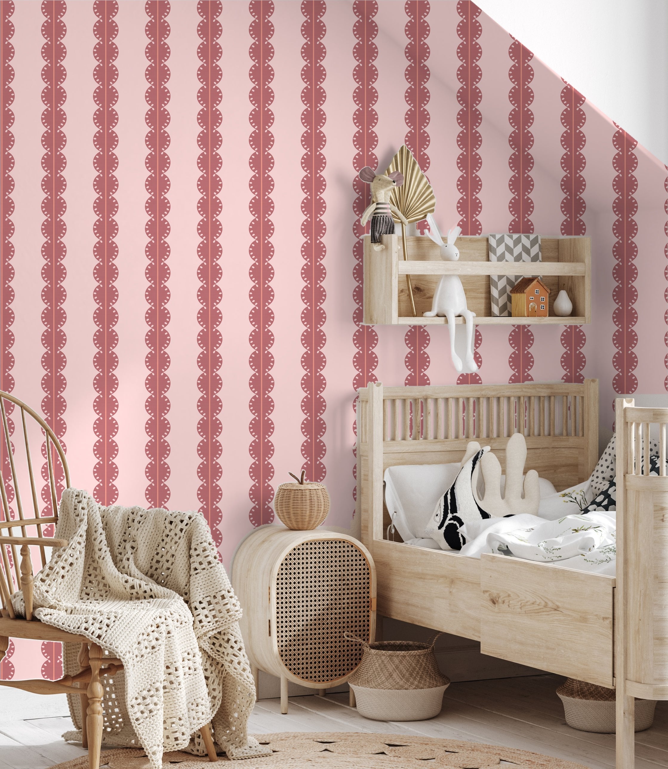 Strepen behang met boogjes voor kinderkamer meisjeskamer oudroze koraal roze papr walls bubble dot oudroze koraalroze