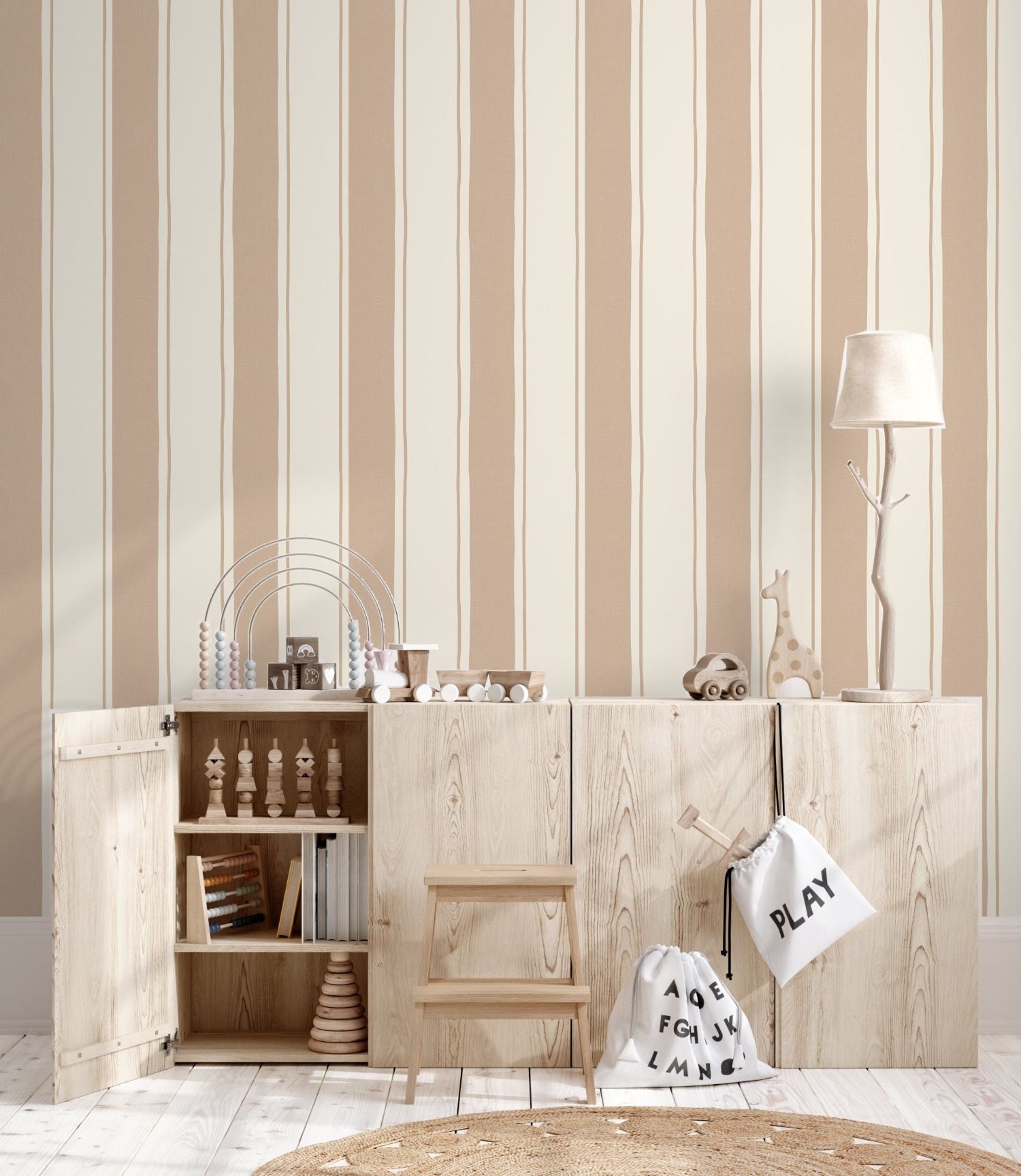 Strepen behang kinderkamer jongenskamer meisjeskamer neutrale babykamer papr walls straight up small camel warm beige