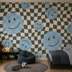 Smiley behang fotobehang kinderkamer tienerkamer jongenskamer blauw zwart wit geblokt
